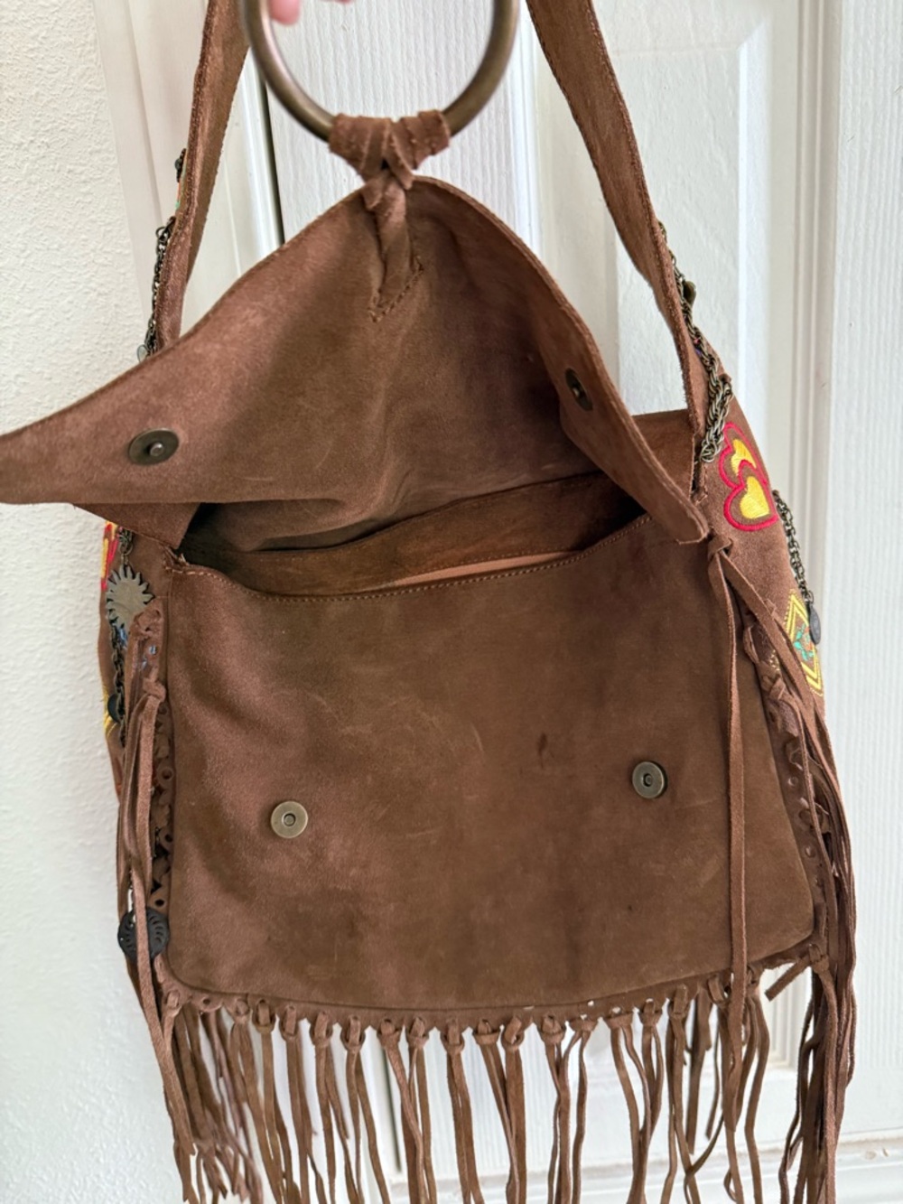 Francesco Biasia Brown Suede Fringe Shoulder Bag with Embroidered Strap - Picture 3 of 8